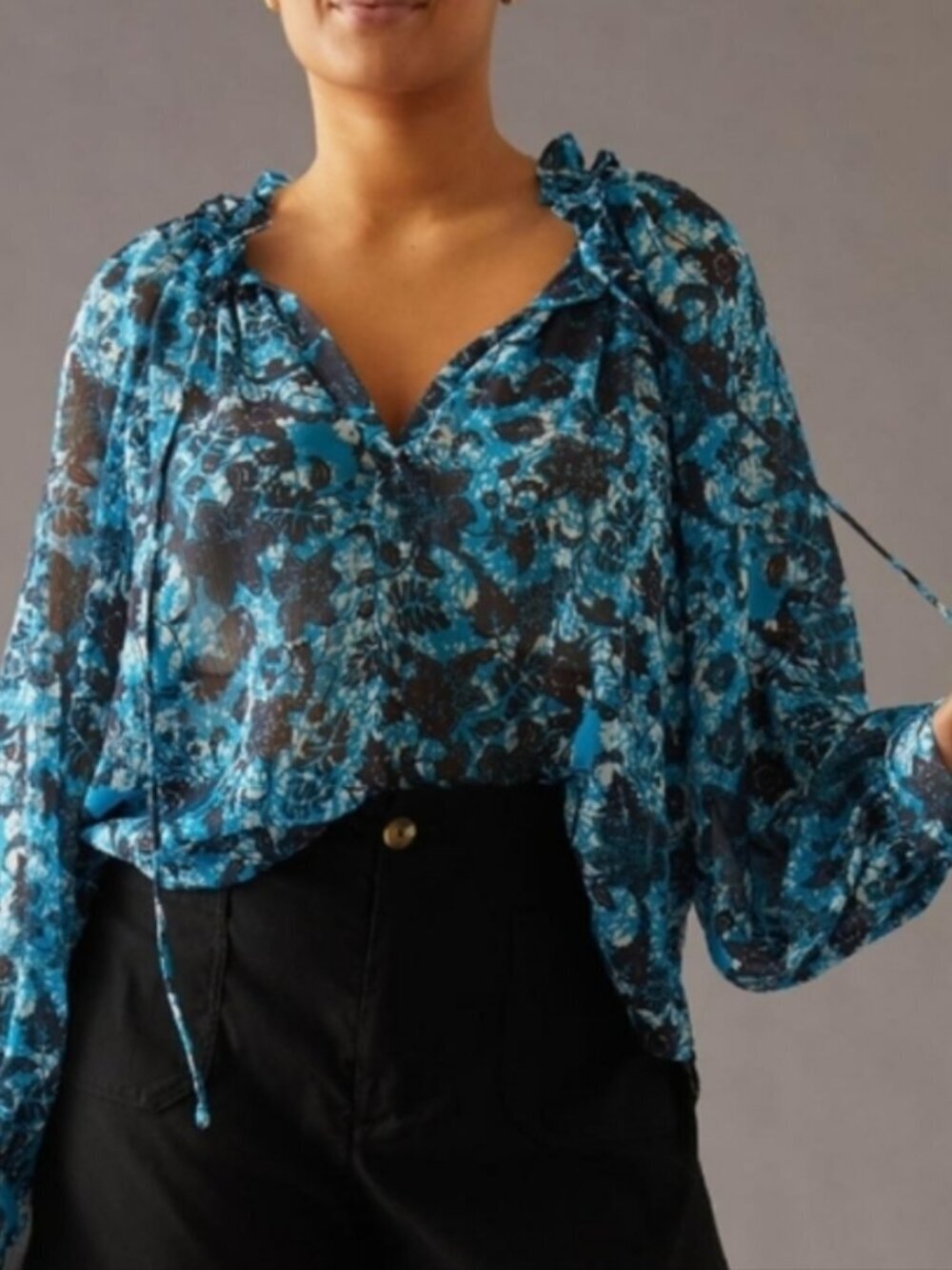 By Anthropologie Women's Size XS Blue Printed Sheer Long Sleeve Peasant Top